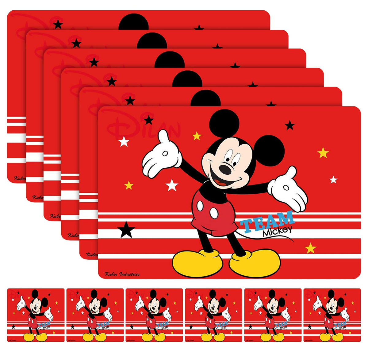 Kuber Industries Disney Team Mickey Printed PVC Dining Table Placemats with Tea Coaster Set, Set of 12 (Red)