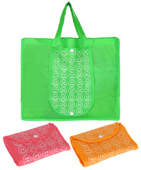 Heart Home Smiley Printed Eco Friendly Foldable Reusable Non-Woven Shopping Grocery Bag with One Small Pocket- Pack of 3 (Green & Deep Yellow & Pink) -45LUGHH0218
