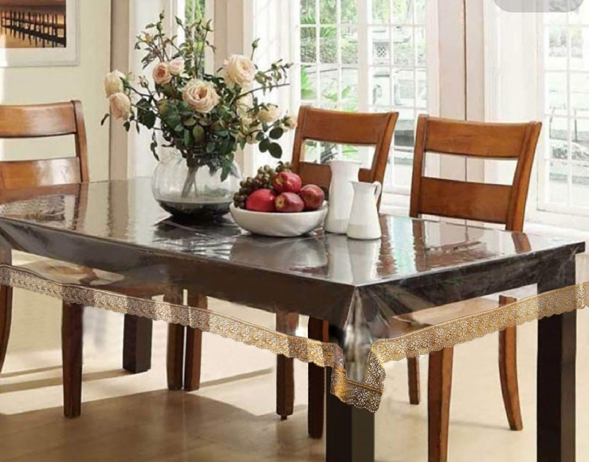 Kuber Industries PVC 6 Seater Transparent Dining Table Cover With golden Lace (Gold)