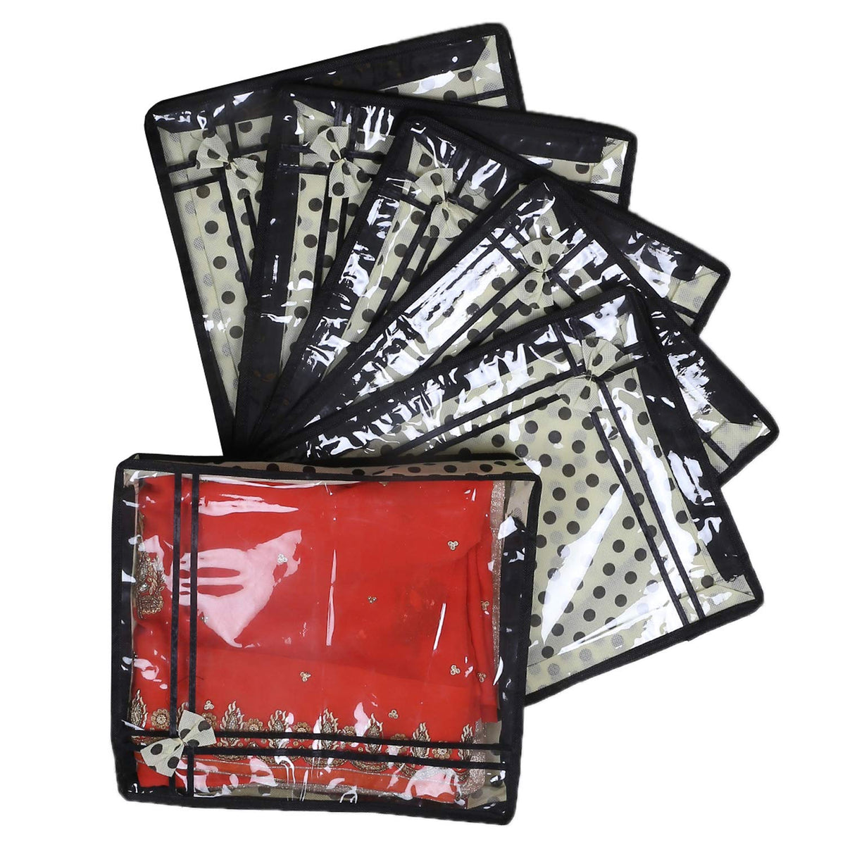 Kuber Industries Bow Polka Dot Design 6 Piece Non Woven Saree Cover, Ivory