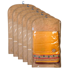 Heart Home Hanging Saree Cover for Clothes Storage|Non Woven Flower Pattern Wardrobe Organizer With Transparent Window|Pack of 6 (Cream)