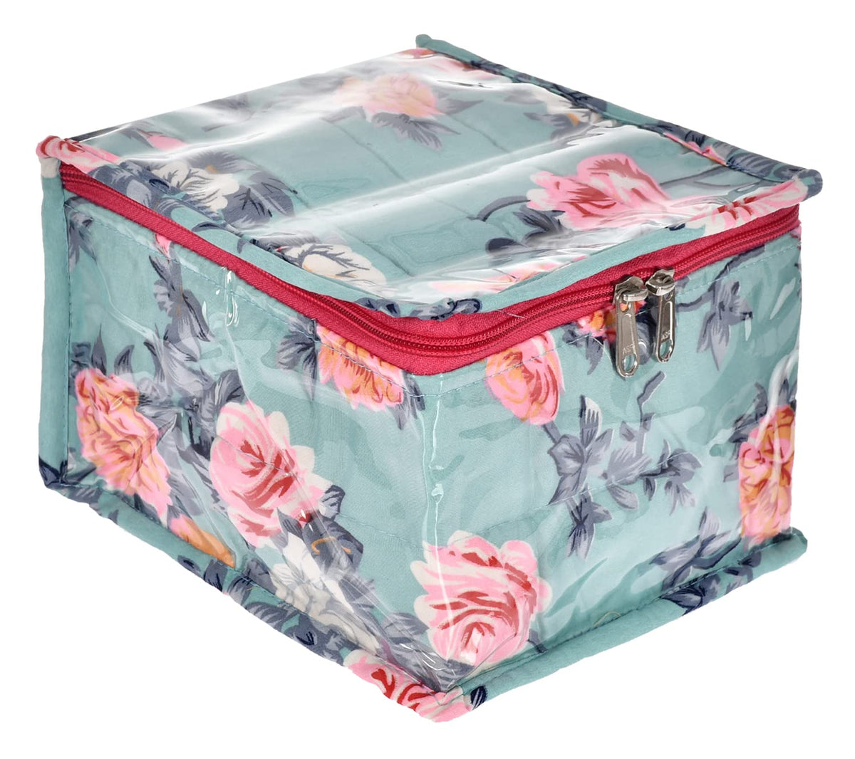 Kuber Industries Flower Printed Laminated PVC Multipurpose Jewellery Organizer With 10 Tranasparent Pouches (Green)-45KM022