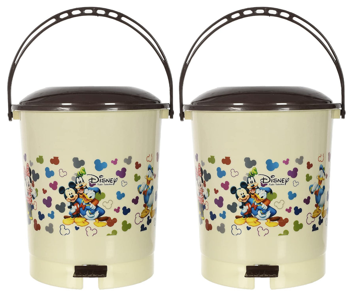 Kuber Industries Multiuses Mickey & Friends Print Plastic Dustbin For Home, Kitchen, Office, Bathroom With Swing Lid 10 Litre Pack of 2 (Cream) 52KM3973