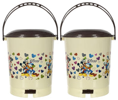 Kuber Industries Multiuses Mickey & Friends Print Plastic Dustbin For Home, Kitchen, Office, Bathroom With Swing Lid 10 Litre Pack of 2 (Cream) 52KM3973