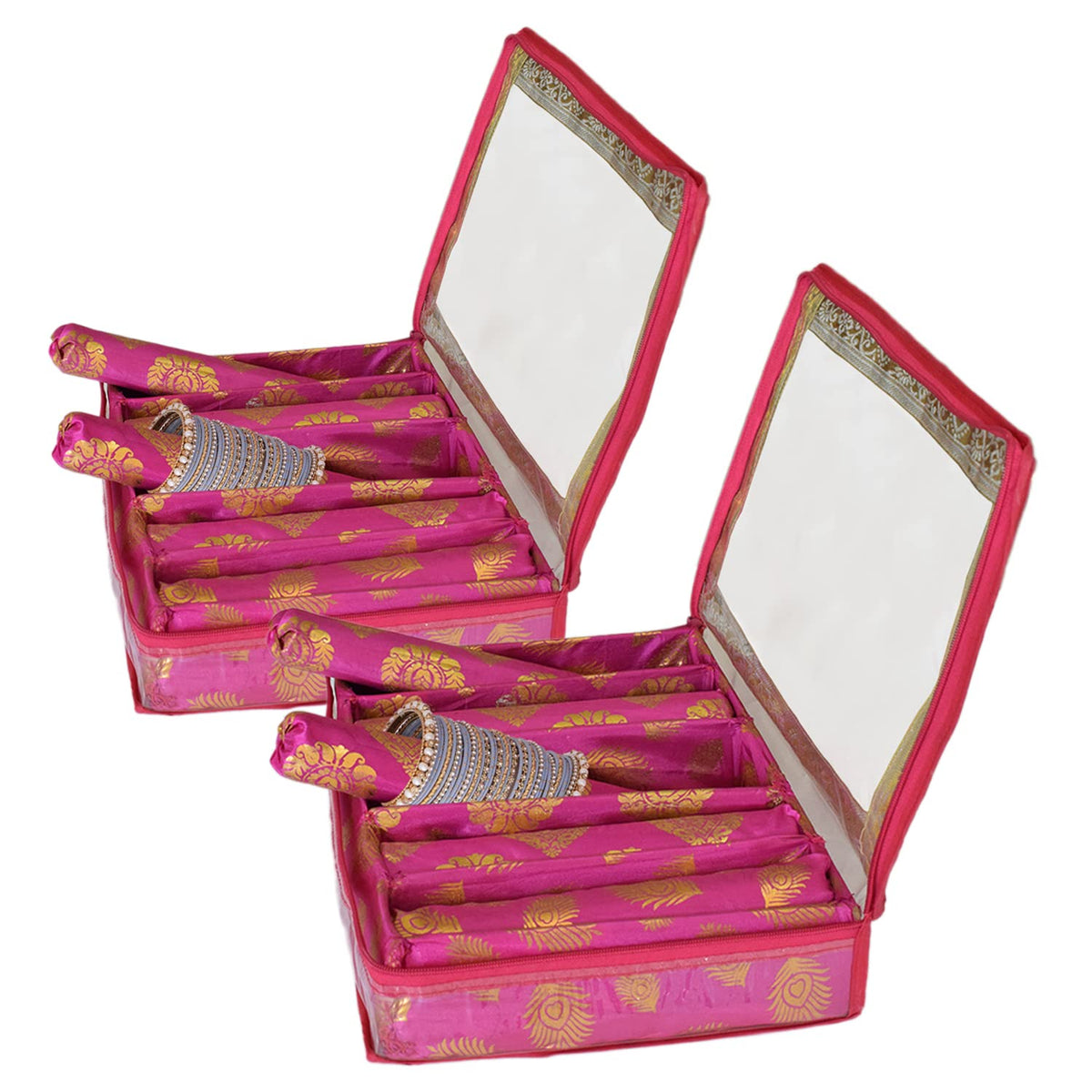 Heart Home Feather Design Laminated 5 Rod Box, Organizer For Bangle, Watches, Bracelets, Jewellery With Tranasparent Top - Pack of 2 (Pink)-47HH0236