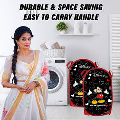 Kuber Industries Laundry Basket | Disney Mickey & Princess Net Foldable Laundry | Nylon Storage Basket with Handle | Toy Storage Basket | 30 LTR | Pack of 3 | Multicolor