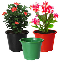 Kuber Industries Plastic Planters|Gamla|Flower Pots for Garden Nursery Home Décor,8"x6",Pack of 3 (Green,Red,Black)