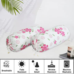 Heart Home Bolster Covers | Soft Cotton Bolster Cover Set | Bolster Pillow Covers | Pink Circle Flower Roll Masand Cover | Long Pillow Case | 16x32 Inch | Pack of 6 | White
