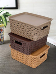 Fun Homes Plastic 3 Pieces Small Size Multipurpose Solitaire Storage Basket with Lid (Multi)