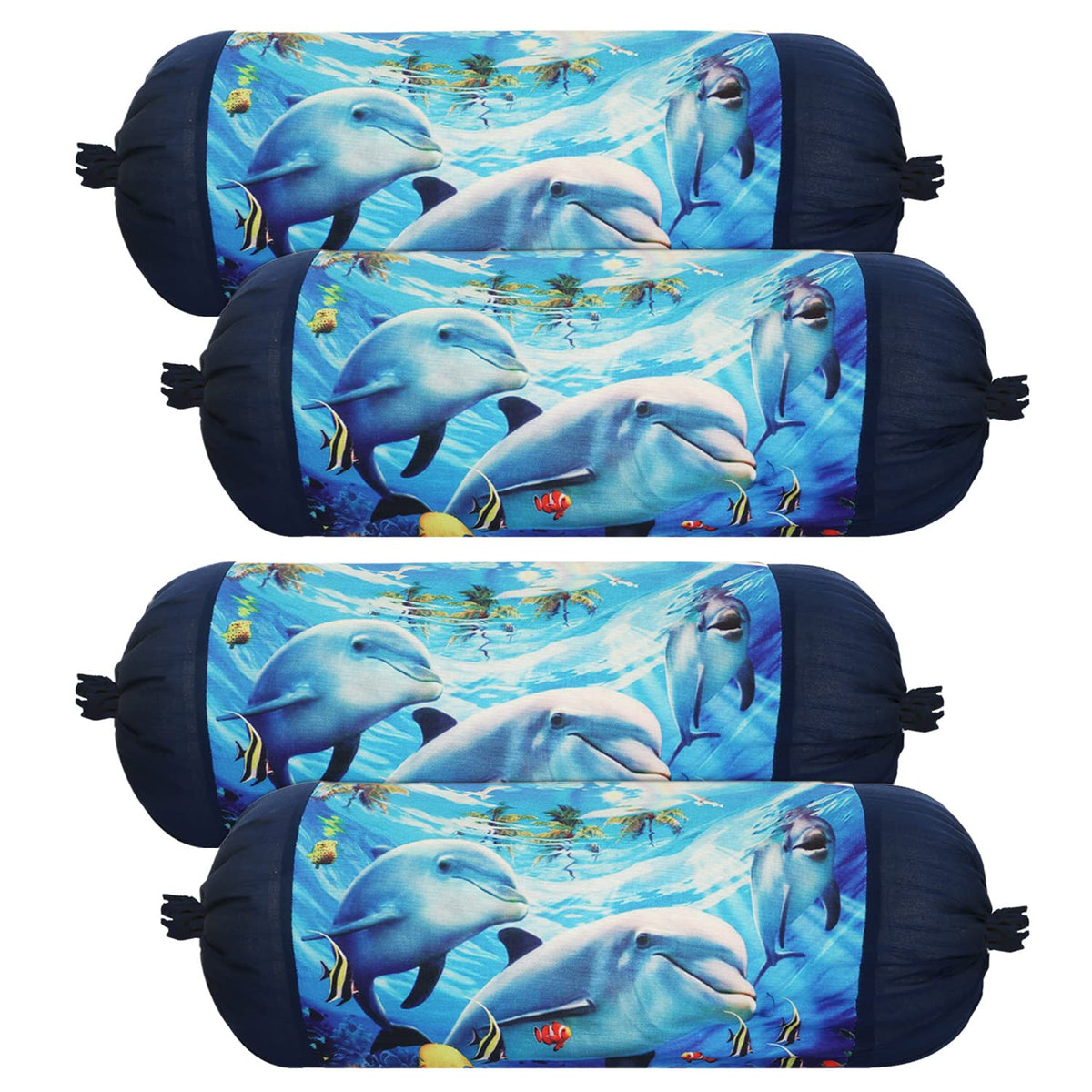 Kuber Industries Bolster Cover|Polyester Bolster Cover Set|Diwan Round Bolster Pillow Covers|Luxurious Ocean Print Roll Masand Cover|Pack of 4 (Blue)