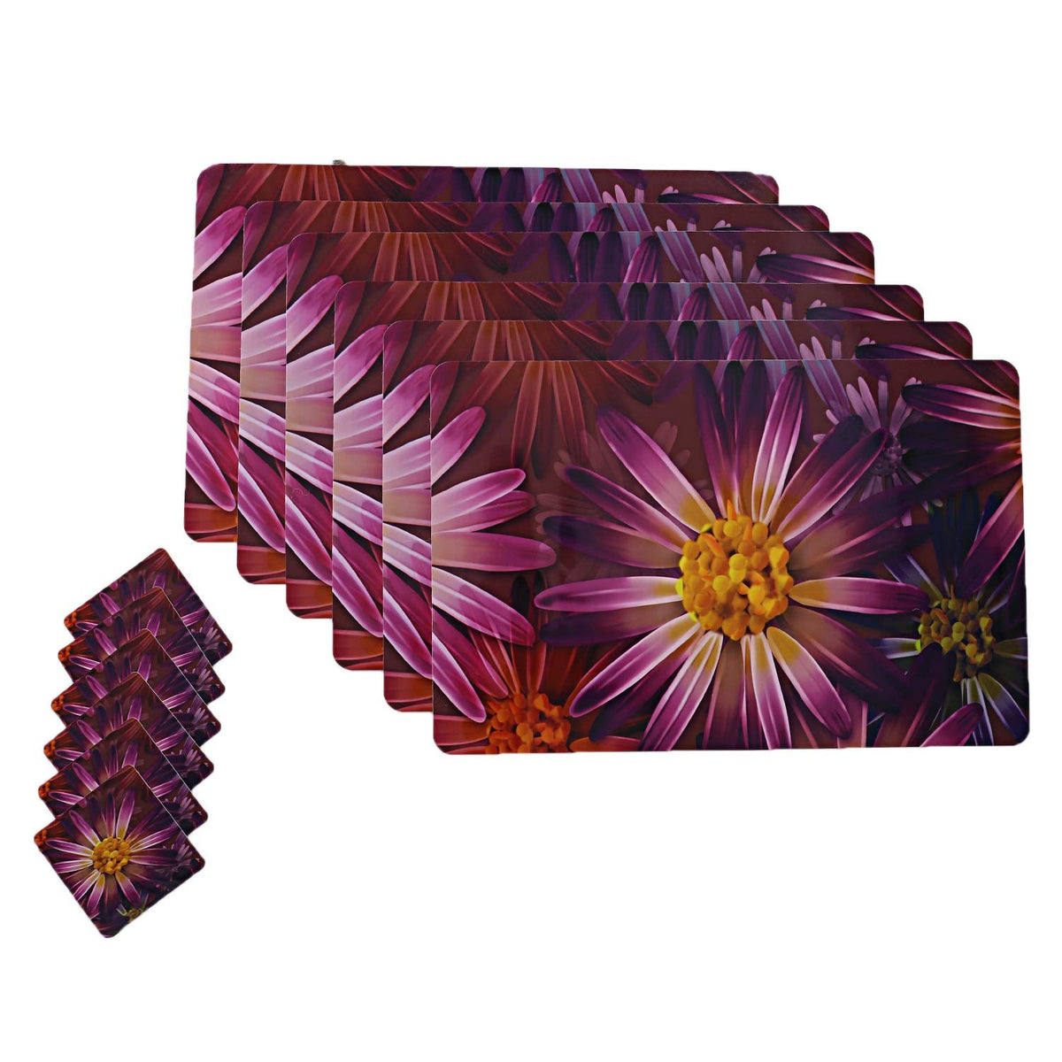 Kuber Industries Flower Design Floral PVC 6 Piece Dining Table Placemat Set with Tea Coasters - Multicolour