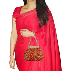 Heart Home Attractive Embroidery Polyester Hand Purse & Artificial Pearls Handle With 3 Magnetic Lock for Woman,Girls (Red)