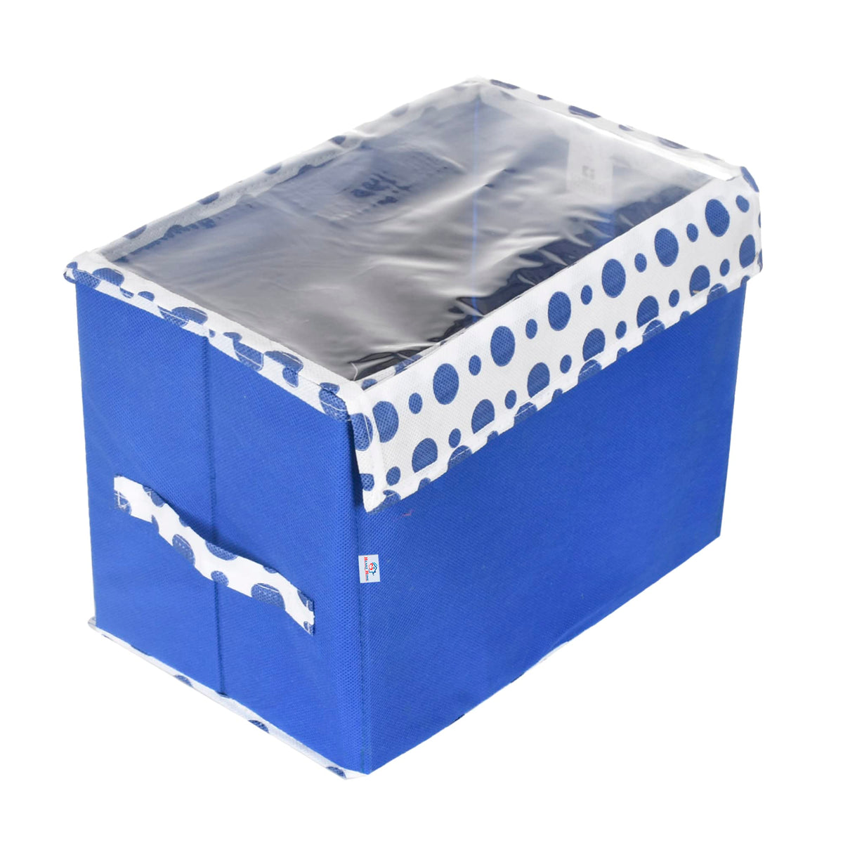 Heart Home Storage Box|Non-Woven Dot Print Foldable Storage Box|Large Wardrobe Organizer for Toys|Cloths with Transparent Lid & Handle (Blue)