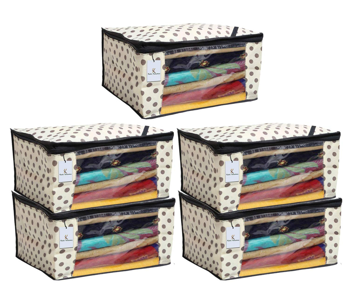 Kuber Industries Black Polka Dot 5 Piece Non Woven Saree Cover, Large, Ivory-CTKTC014123