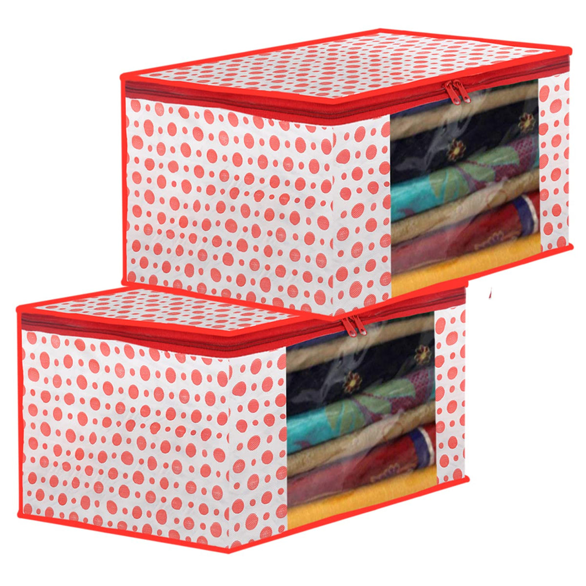 Kuber Industries Dot Printed Foldable, Lightweight Non-Woven Saree Cover/Organizer With Tranasparent Window- Pack of 2 (Pink)-46KM0477