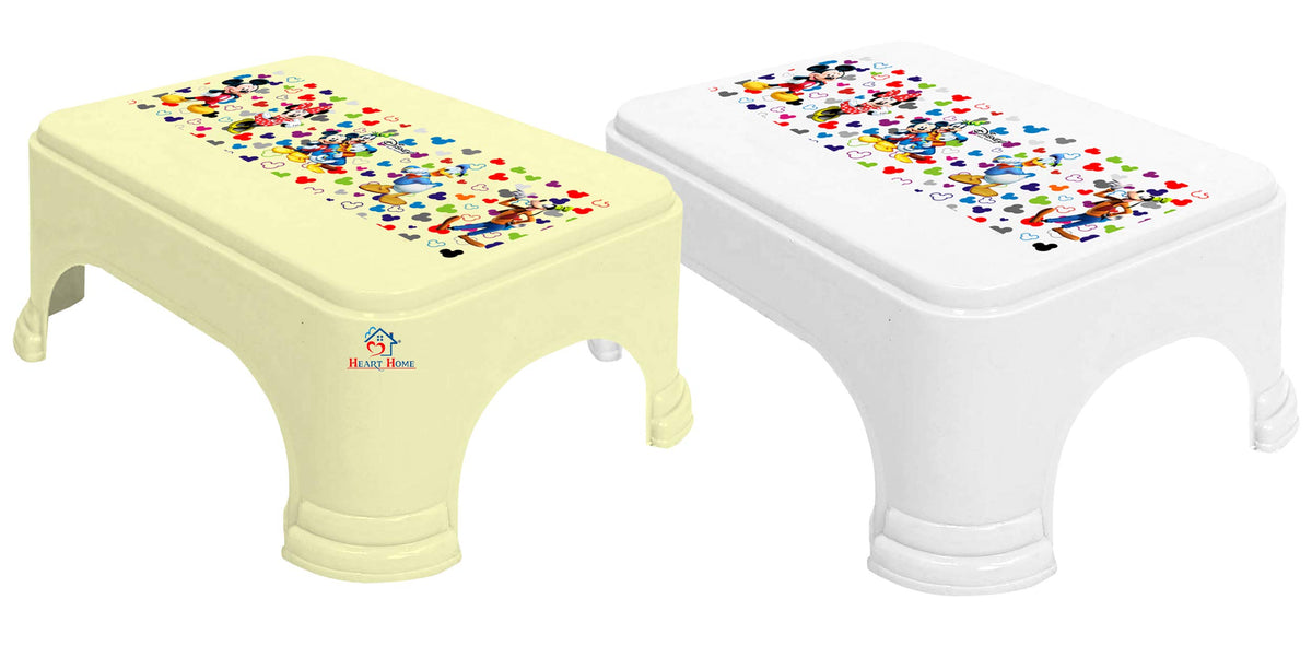 Heart Home Disney Team Mickey Print Square Plastic Bathroom Stool, (Set of 2, Cream & White) -HS_35_HEARTHS17296