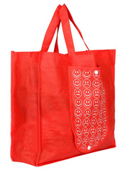 Heart Home Smiley Printed Eco Friendly Foldable Reusable Non-Woven Shopping Grocery Bag with One Small Pocket- Pack of 3 (Blue & Red & Pink) -45LUGHH0202
