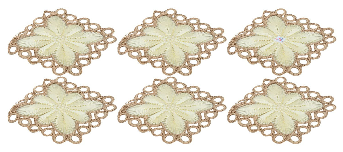 Heart Home Flower Design Square Cotton Coasters, Set of 6 (Cream)