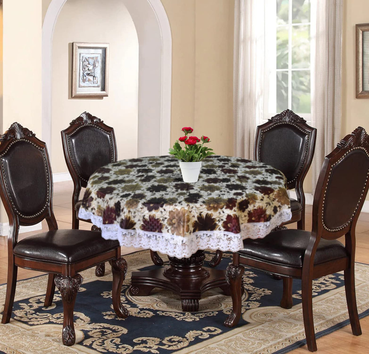 Kuber Industries Flower Printed PVC 4 Seater Round Shape Table Cover, Protector with White Lace Border, 60"x60" (Brown)
