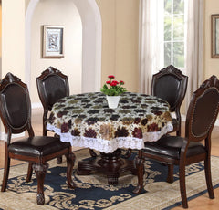 Kuber Industries Flower Printed Round Shape PVC Spillproof, Waterproof, Antislip, Wipe Clean 4 Seater Table Cover with White Lace Border, 60"x60" (Brown), Standard