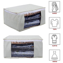 Kuber Industries Cotton Water Resistant & Foldable Dot Print Saree Cover| Clothes Organizer for Home & Travel With Transparent Window,Pack of 2 (Cream)