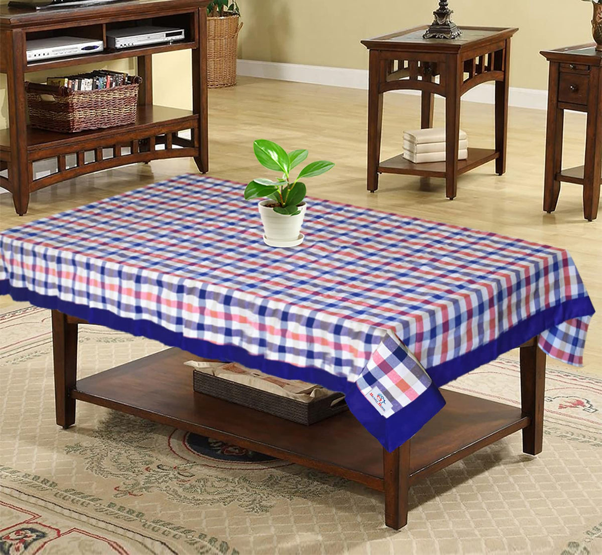 Heart Home Check Print Cotton Center Table Cover/Table Cloth for Home Decorative Luxurious 4 Seater, 60"x40" (Blue) 54HH4256.