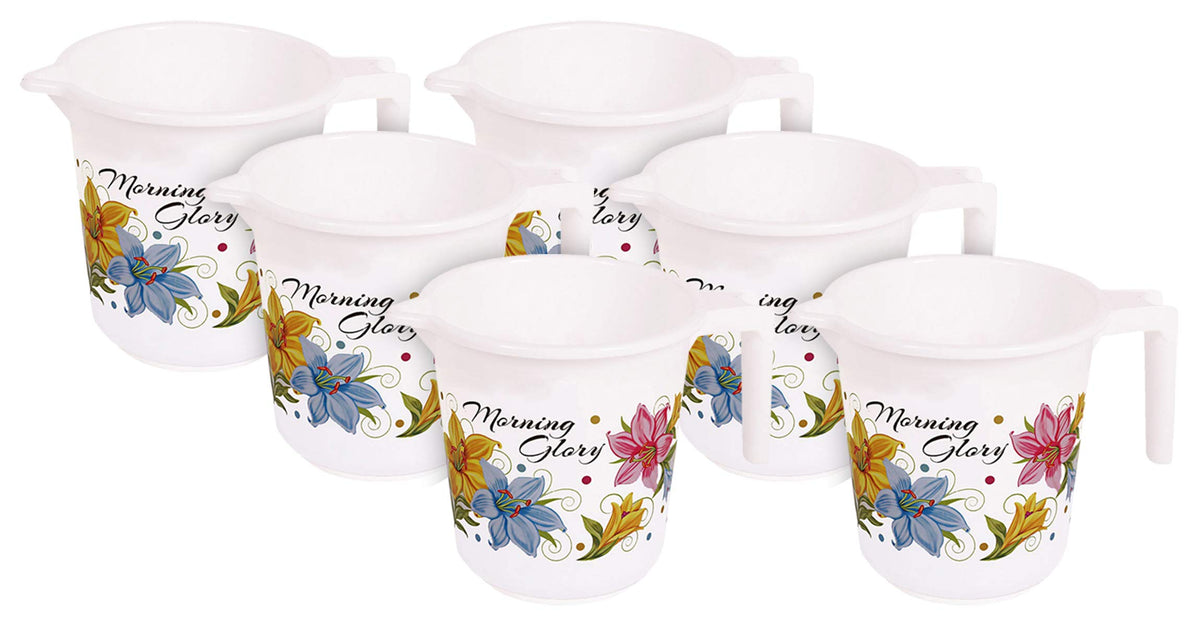 Kuber Industries Floral Print 6 Pieces Unbreakable Strong Plastic Bathroom Mug, 500 ML (White)-KUBMART10279
