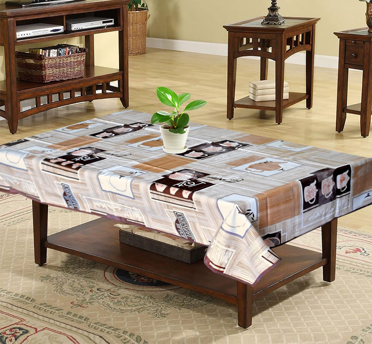 Kuber Industries Kettle Print PVC Center Table Cover/Table Cloth For Home Decorative Luxurious 4 Seater, 60"x36" (Cream) 54KM4265