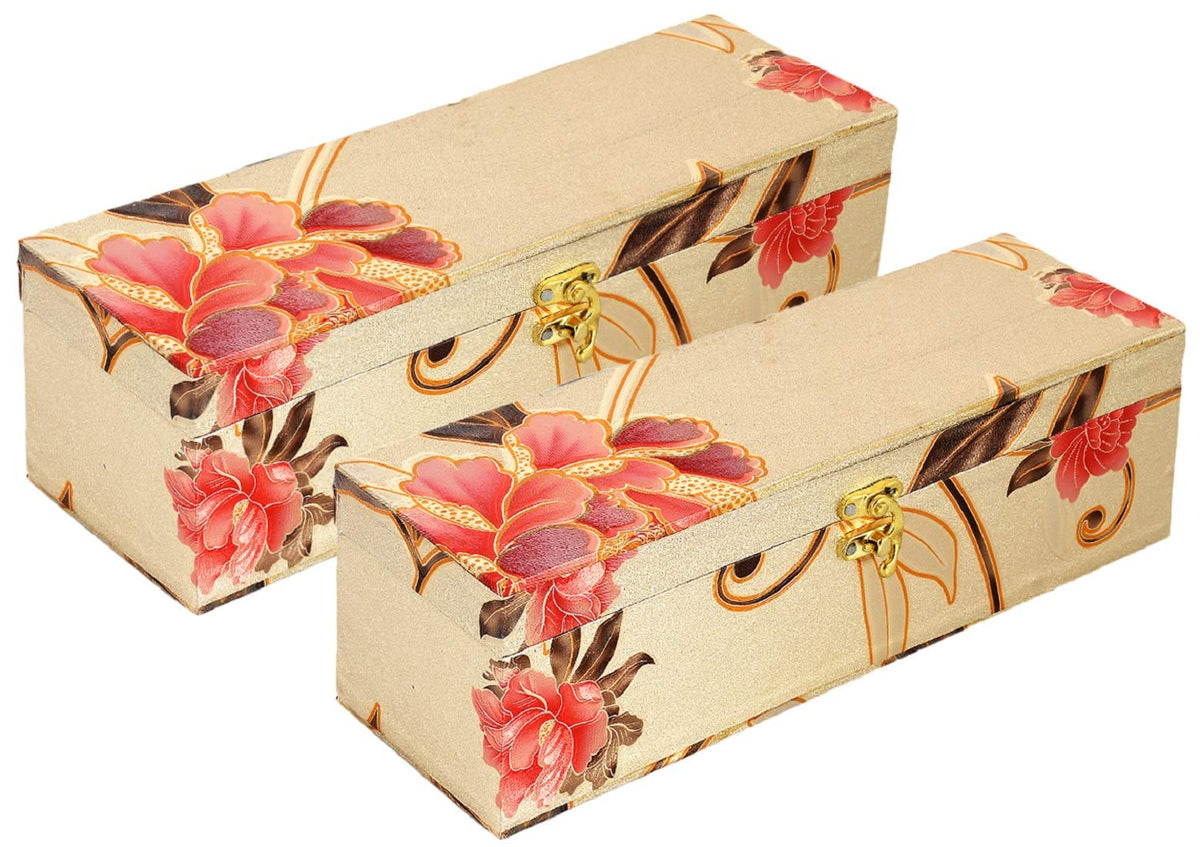 Kuber Industries Floral Design Wooden 2 Pieces One Rod Bangle Storage Box with Lock System (Gold) -CTKTC038183