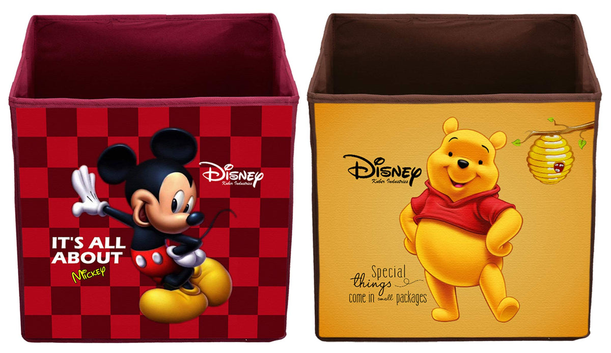 Kuber Industries Disney Winnie-The-Pooh & Mickey Print Non Woven Fabric 2 Pieces Foldable Large Size Storage Cube Toy, Books, Shoes Storage Box with Handle (Maroon & Brown)-KUBMART10809