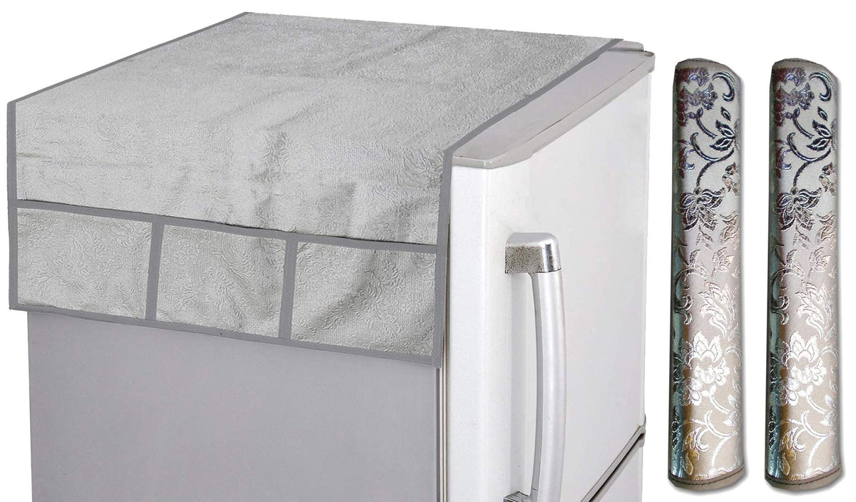Kuber Industries Flower Design PVC 1 Piece Fridge Top Cover and 2 Piece Handle Cover (Silver) - CTKTC039623