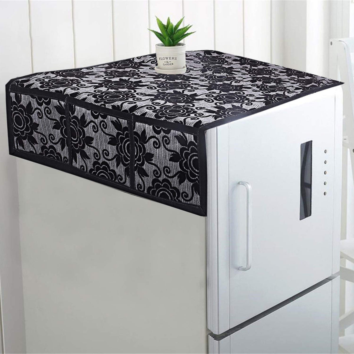 Kuber Industries Floral Design Cotton Fridge Top Cover 37"x21" (Black), CTKTC13849,Standard