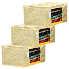 Kuber Industries Leaf Design 3 Piece Non Woven Fabric Saree Cover Set with Transparent Window, Extra Large, Gold-CTKTC031920