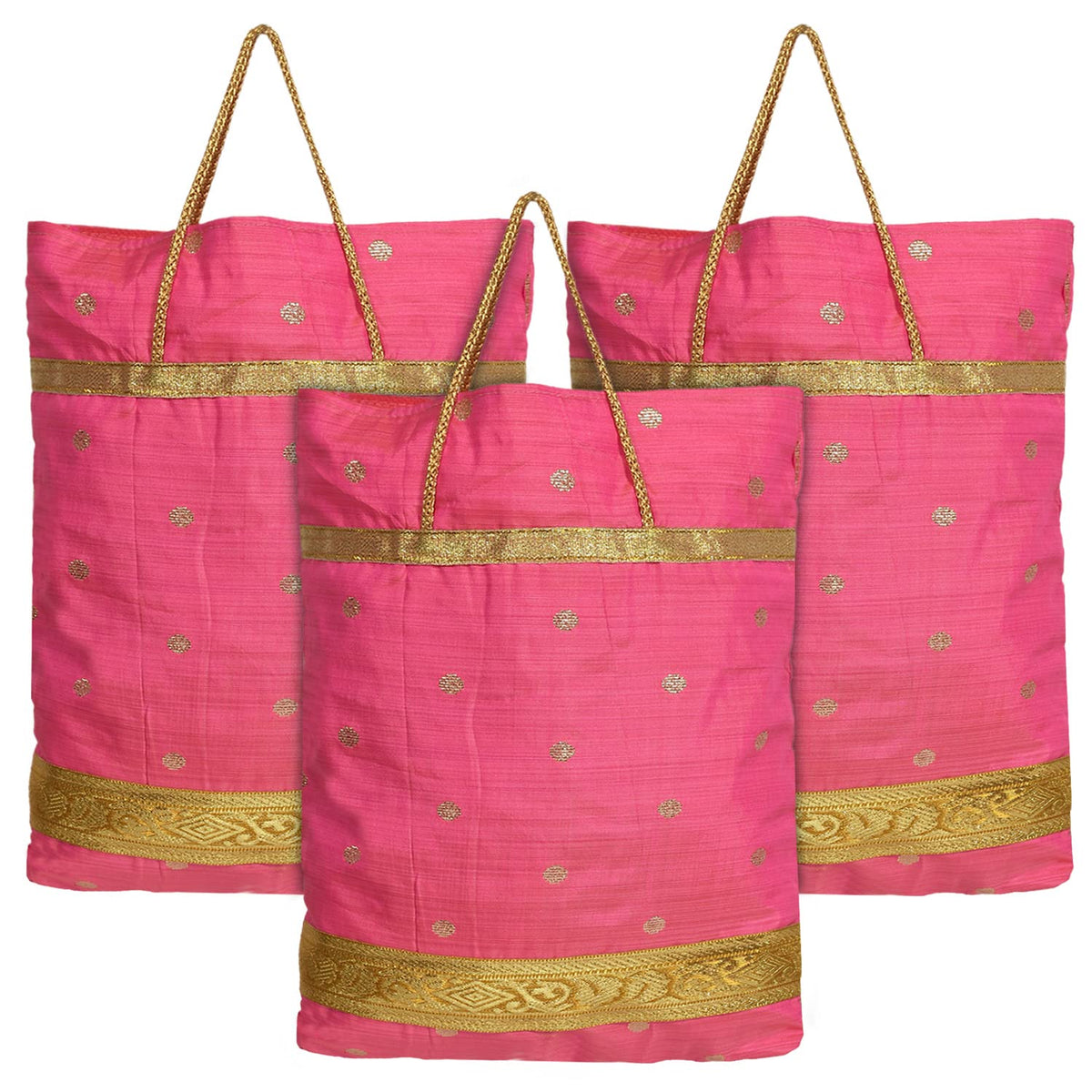 Kuber Industries Polyester Dot Design Foldable Potli|Shopping|Gifting, Hand Bag With Handle Pack of 3 (Pink)