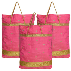 Kuber Industries Polyester Dot Design Foldable Potli|Shopping|Gifting, Hand Bag With Handle Pack of 3 (Pink)
