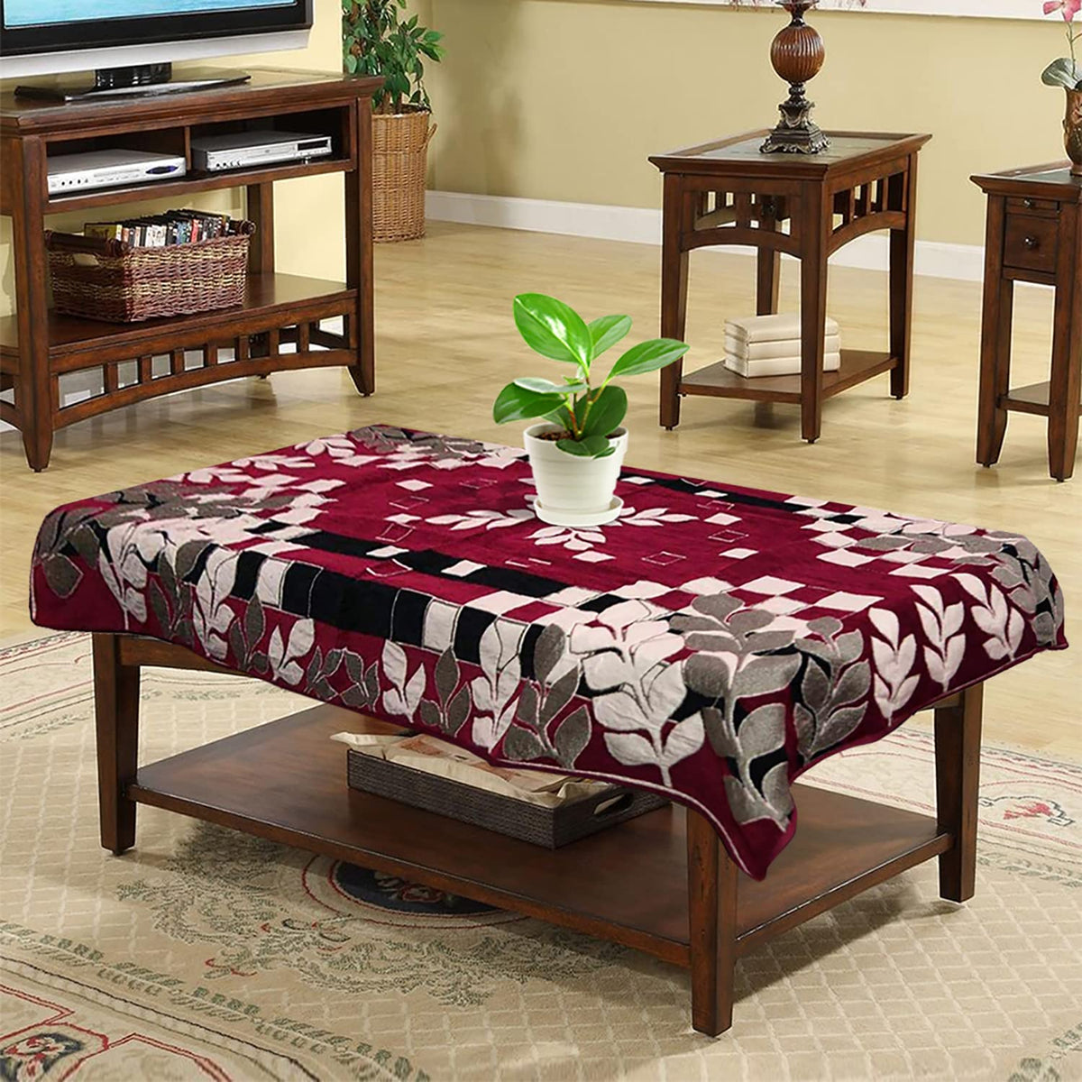Kuber Industries Leaf Printed Velvet 4 Seater Center Table Cover,40"x60" (Mergenta)-44KM0105