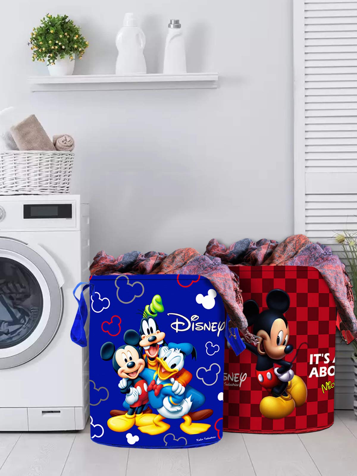Kuber Industries Disney Print Round Non Woven Fabric Foldable Laundry Basket, Toy Storage Basket, Cloth Storage Basket with Handles,45 LTR (Set of 2, Blue & Maroon)-KUBMART11673, standard