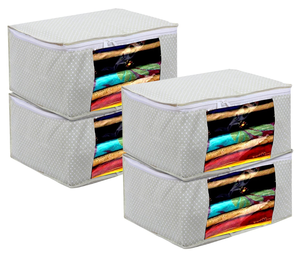 Kuber Industries Cotton Water Resistant & Foldable Dot Print Saree Cover| Clothes Organizer for Home & Travel With Transparent Window,Pack of 4 (Cream)