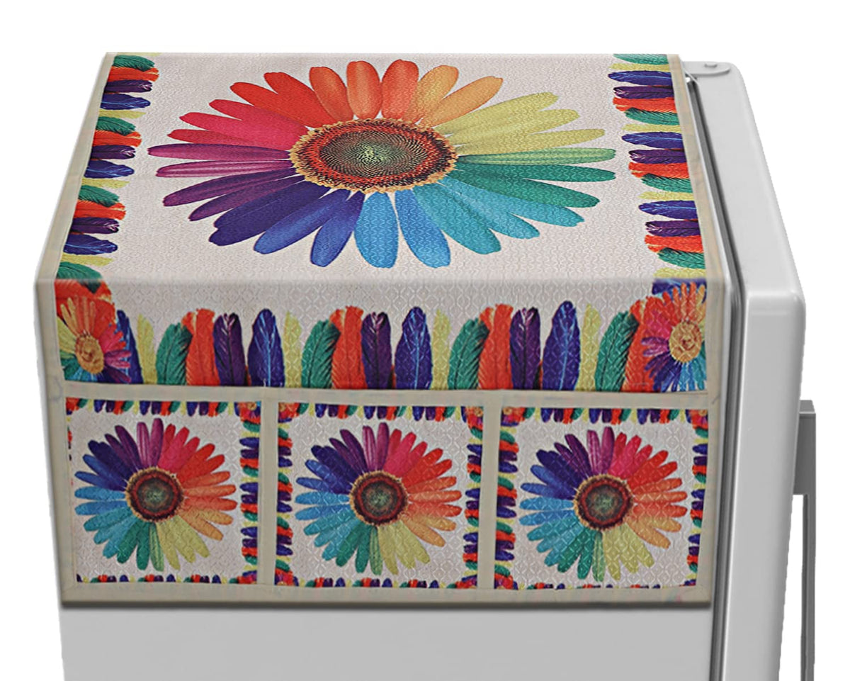 Heart Home Flower Printed Polyster Fridge Top Cover with 6 Utility Side Pockets (Multicolor)