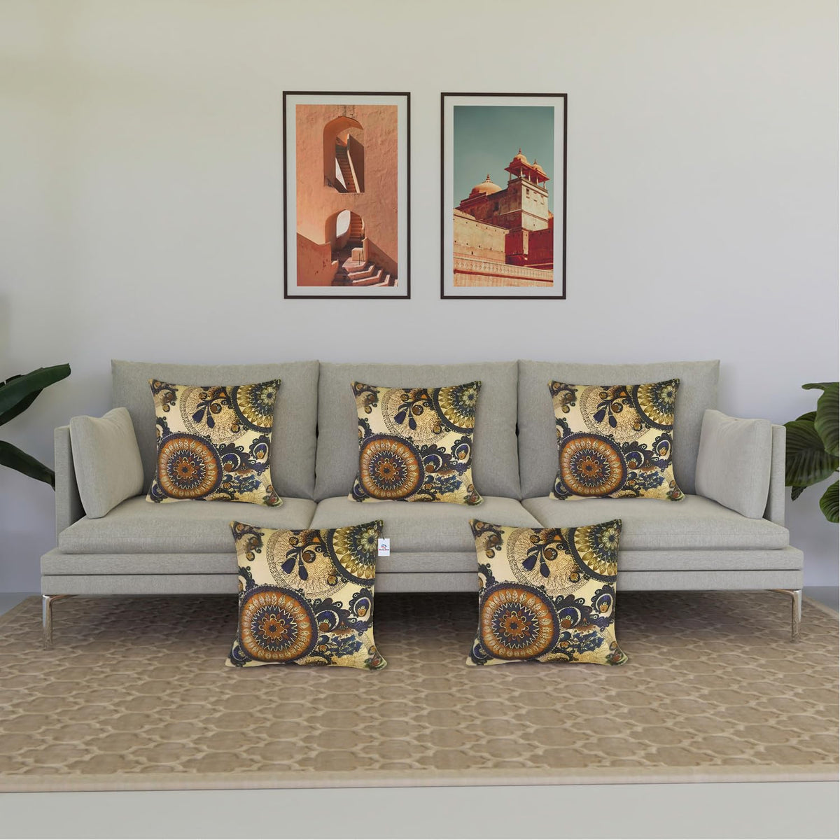 Heart Home Cushion Cover | Brown Gold Digital Print Cushion Cover | Jute Sofa Cushion Covers | Cushion Covers for Home Décor | 16 Inch | Set of 5 | Multi