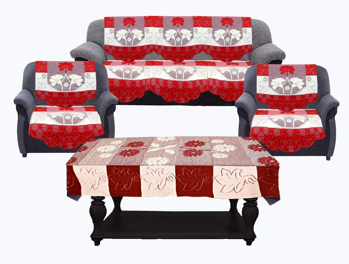 Kuber Industries Flower Cotton 7 Piece 5 Seater Sofa Cover with Center Table Cover (Maroon) - CTKTC22283