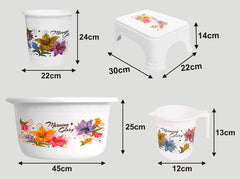 Heart Home Printed 4 Pieces Plastic Mug, Stool, Dustbin & Tub Set (White)