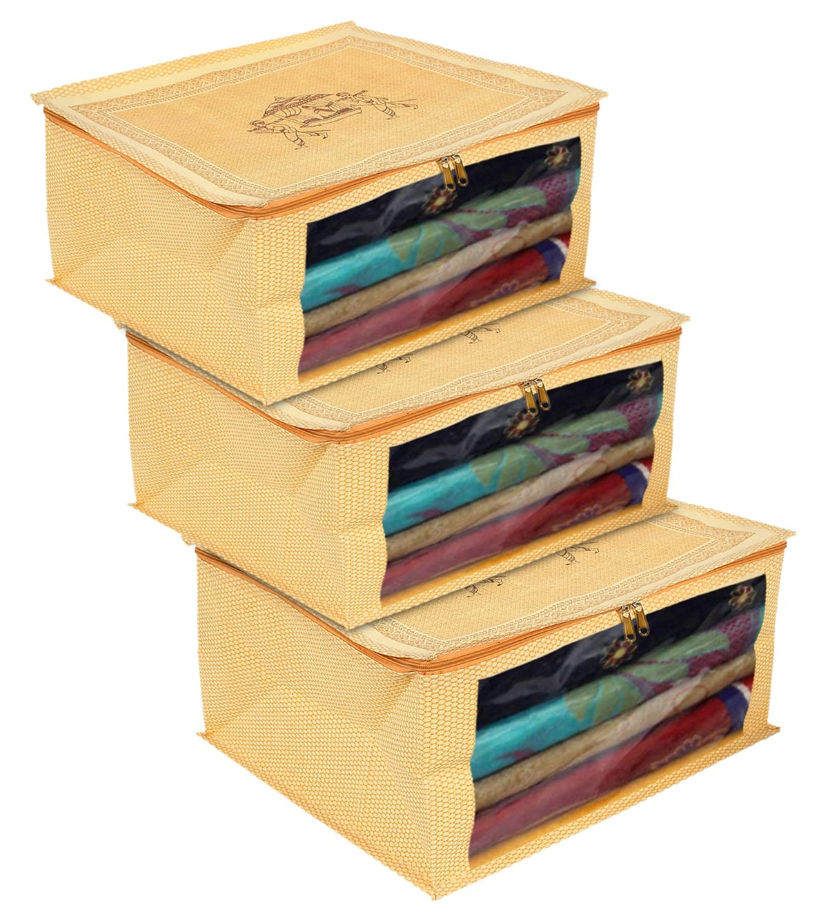 Heart Home Doli Printed Non-woven Sarees, Clothes Cover/Organizer With Transparent Window- Pack of 3 (Gold)-50HH01362