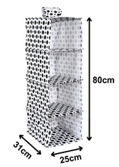 Kuber Industries Dot Print Non Woven Hanging 4 Shelves Foldable Wardrobe/Closet Cloth Organizer (Black & White)-KUBMART15338