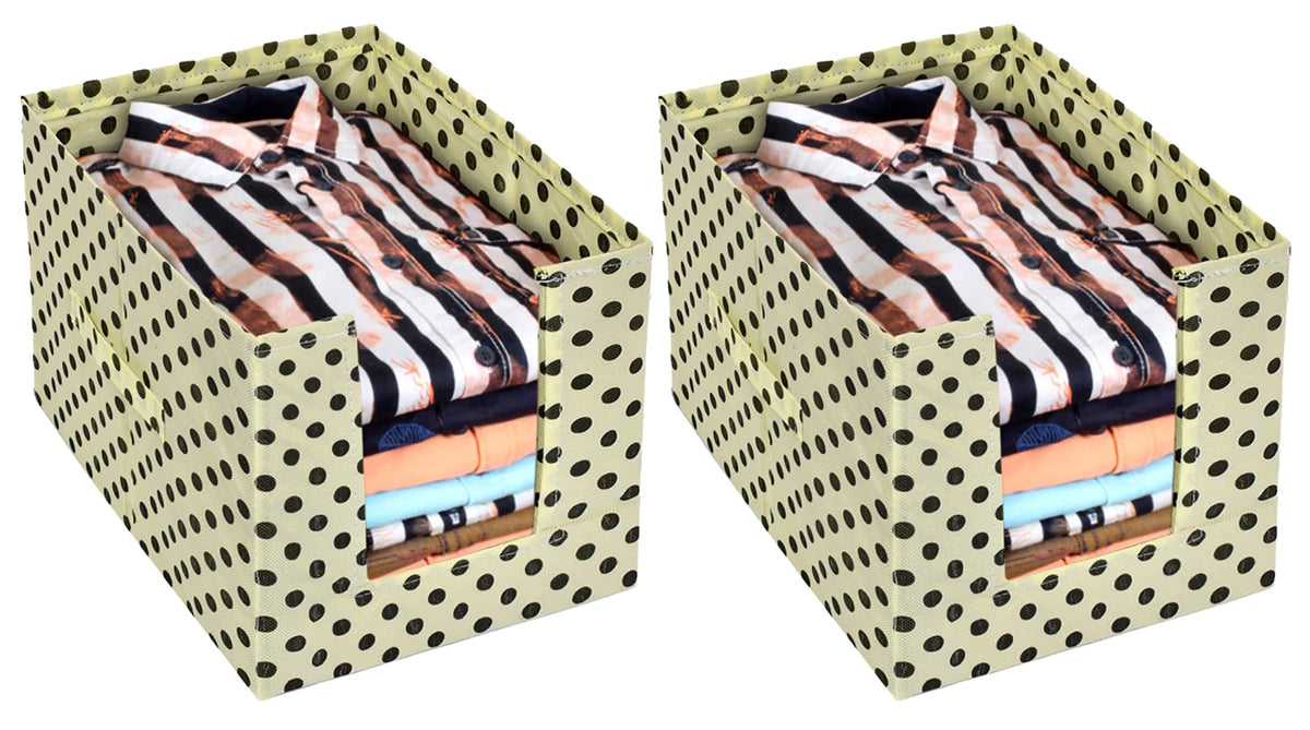 Heart Home Dot Printed Non-Woven Foldable Shirt Stacker Closet Organizer With Handles- Pack of 2 (Cream & Black)-HS43HEARTH26558