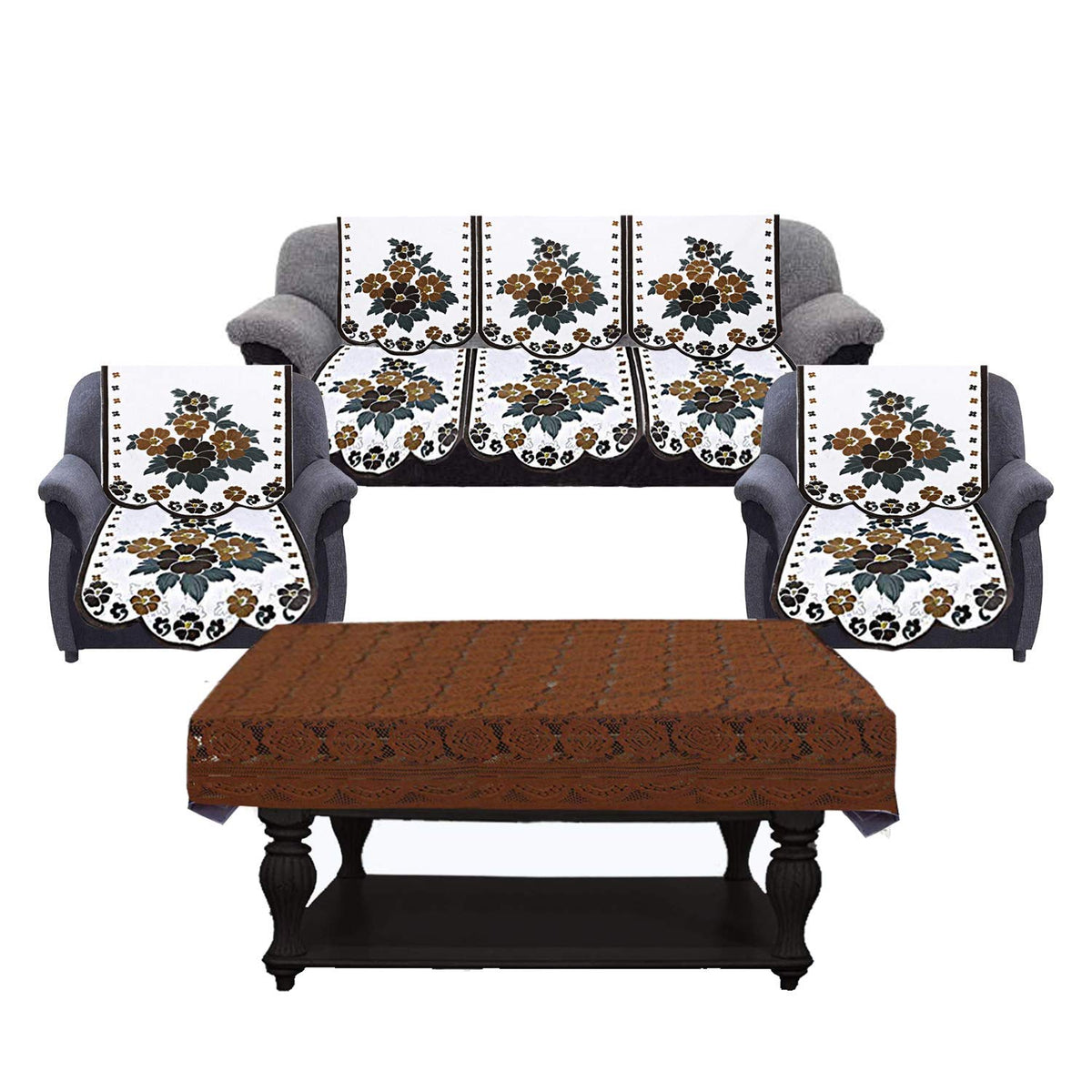 Kuber Industries Flower Cotton 7 Piece 5 Seater Sofa Cover with Center Table Cover (Brown) - CTKTC022293