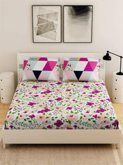 Kuber Industries Double Bedsheet with 2 Pillow Cover|Flower Print & Glace Cotton|Traingle Design Pillow Cover|Size 240 x 225 CM (Blue & Cream)-CTKTC40425