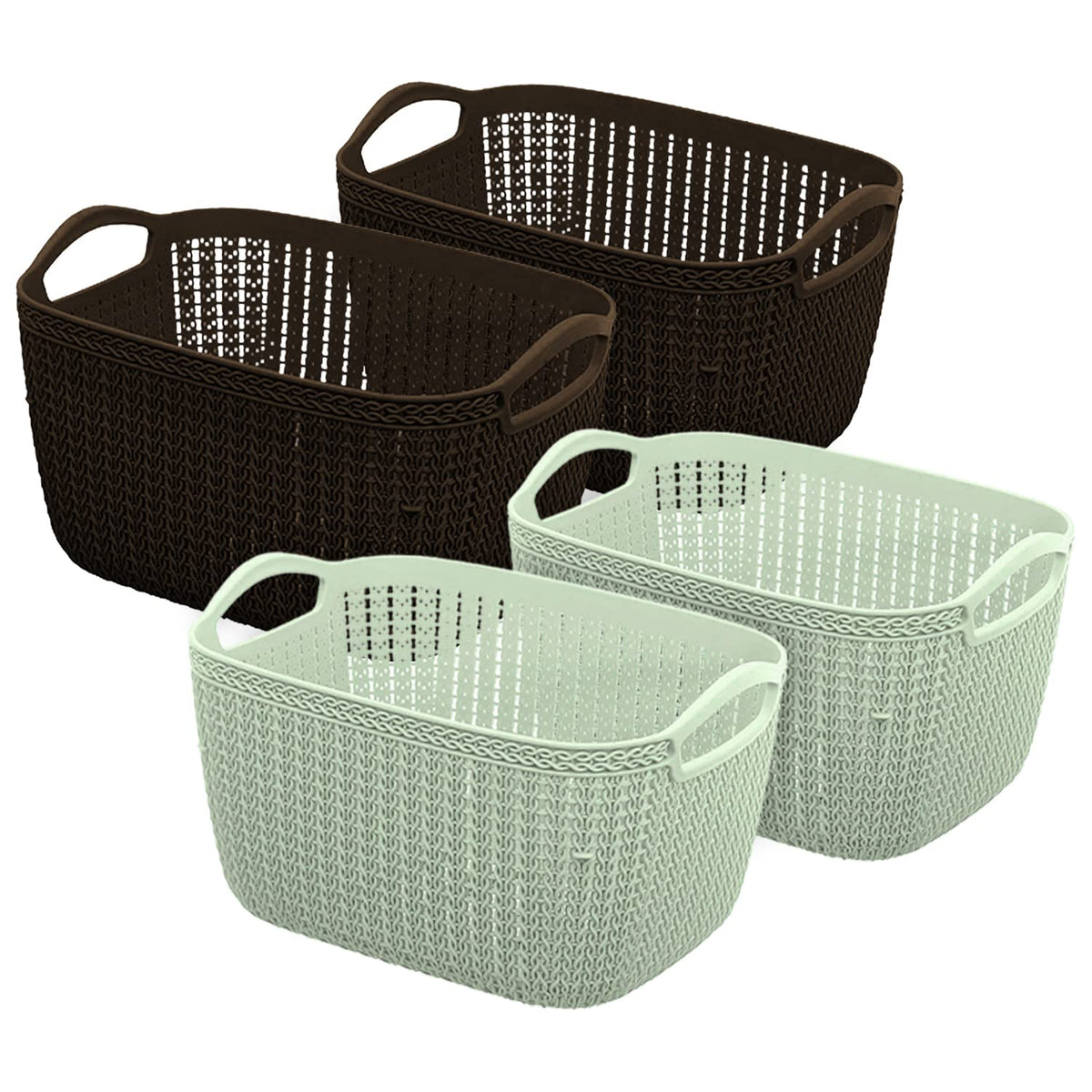 Heart Home Q-5 Designer Plastic Storage Basket For Store Fruits, Vegetables, Magazines, Cosmetics, Stationary Pack of 4 (Green & Brown)-50HH01648