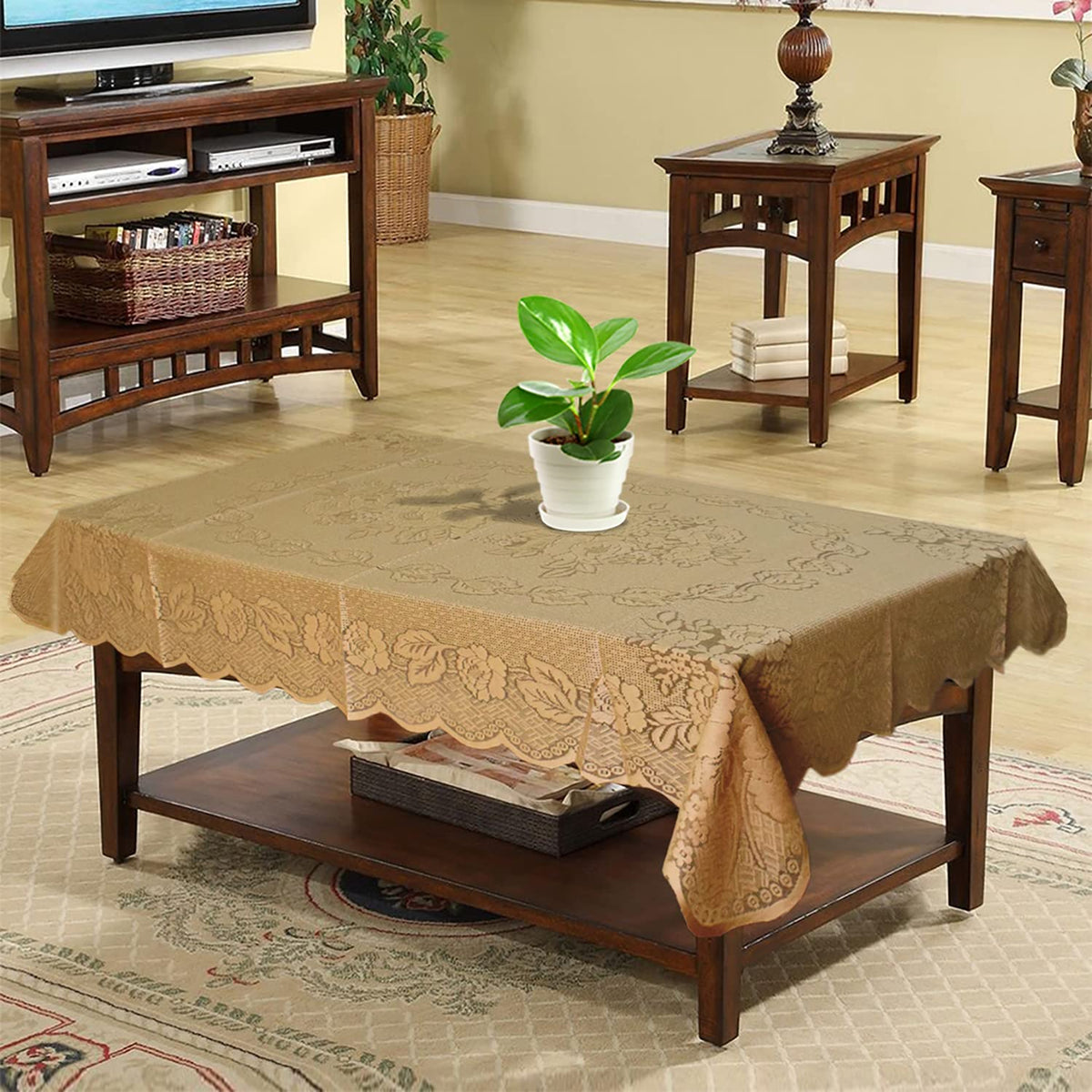 Kuber Industries Flower Printed Cotton 4 Seater Center Table Cover,40"x60" (Gold)-44KM093