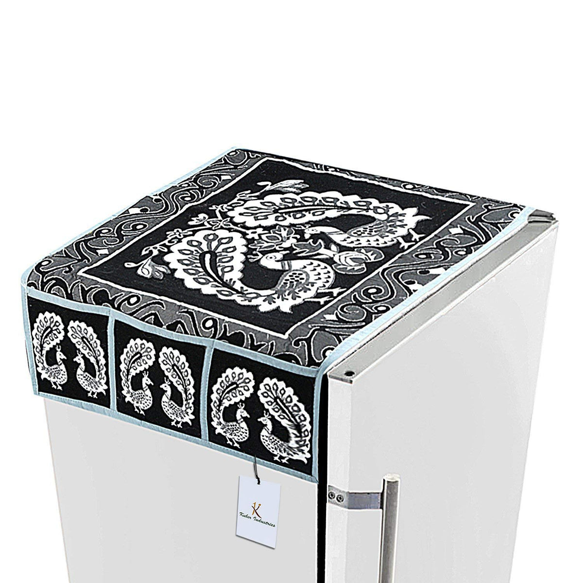 Kuber Industries Black & Grey Cotton Fridge Top Cover (Peacock Design) (FC05), Multi, Standard (FRIDGEKIFC05)
